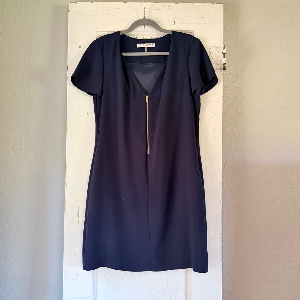 Trina Turk Navy Blue Zip Front Shift Dress Short Sleeve Workwear Pocket